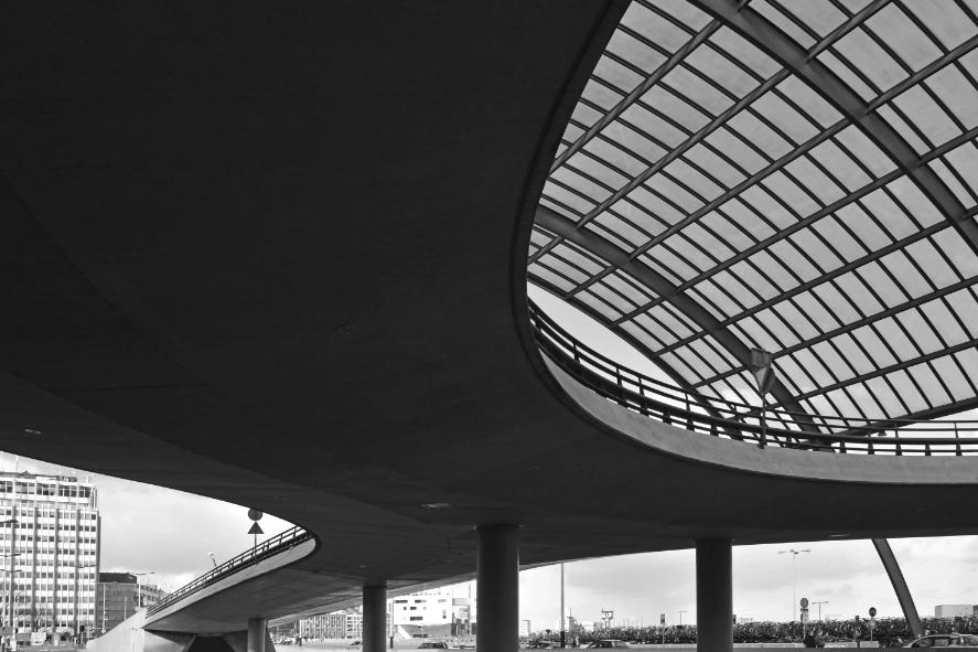 Bus terminal at Amsterdam Central station in black and white