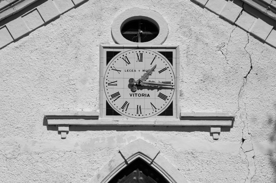 Clock on abandoned church, Tabernas in black and white