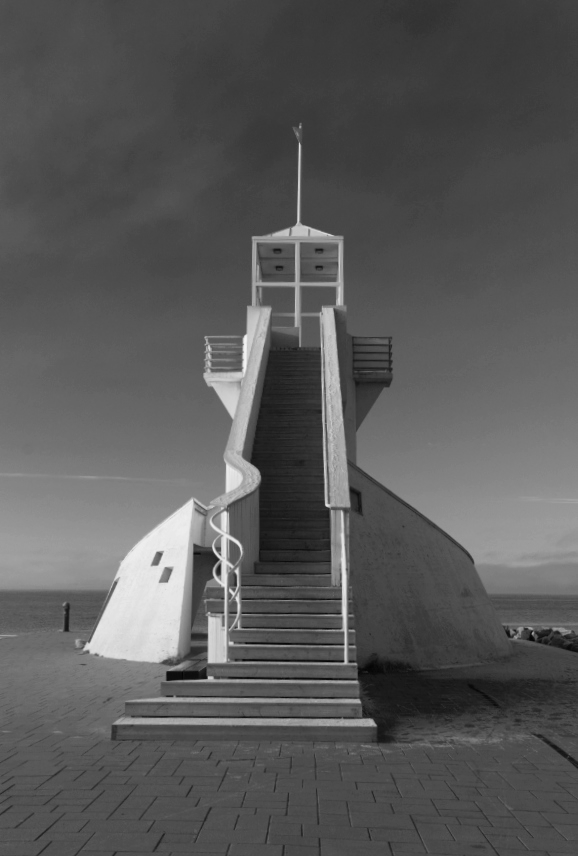 Baywatch tower in Oulu, Finland in black-white